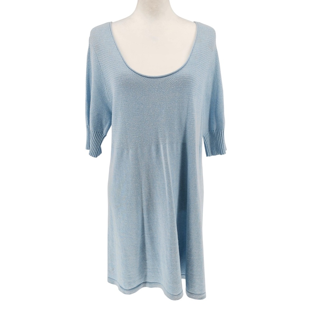 Eileen Fisher Cotton Cashmere Babydoll Tunic L Light Blue Scoop Neck Waffle Knit